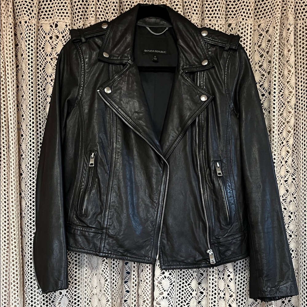 Classic Black Leather Biker Jacket - Banana Republic